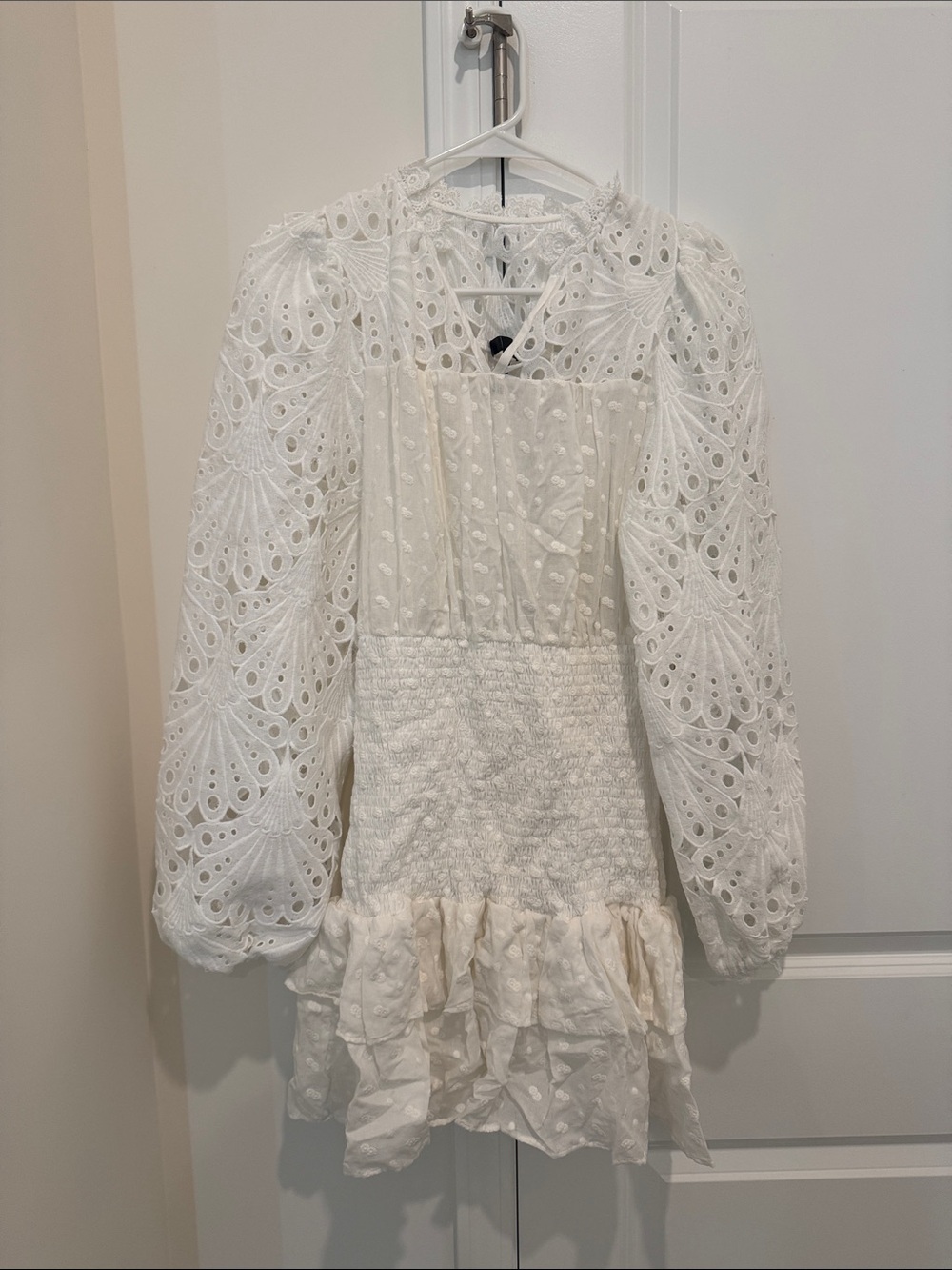 Aqua White Eyelet Puff-Sleeve Mini Dress